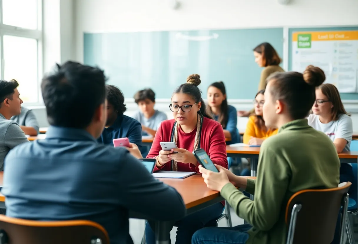 Students in a classroom without personal digital devices, focusing on learning.