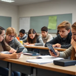 Students in a classroom focusing on learning without smartphones.