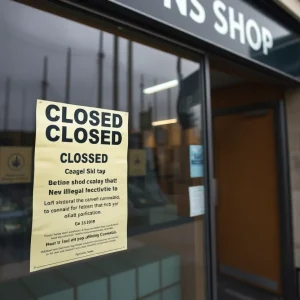 Closed cannabis shop with a notice of illegal activities