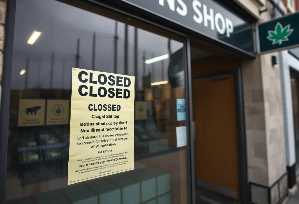 Closed cannabis shop with a notice of illegal activities