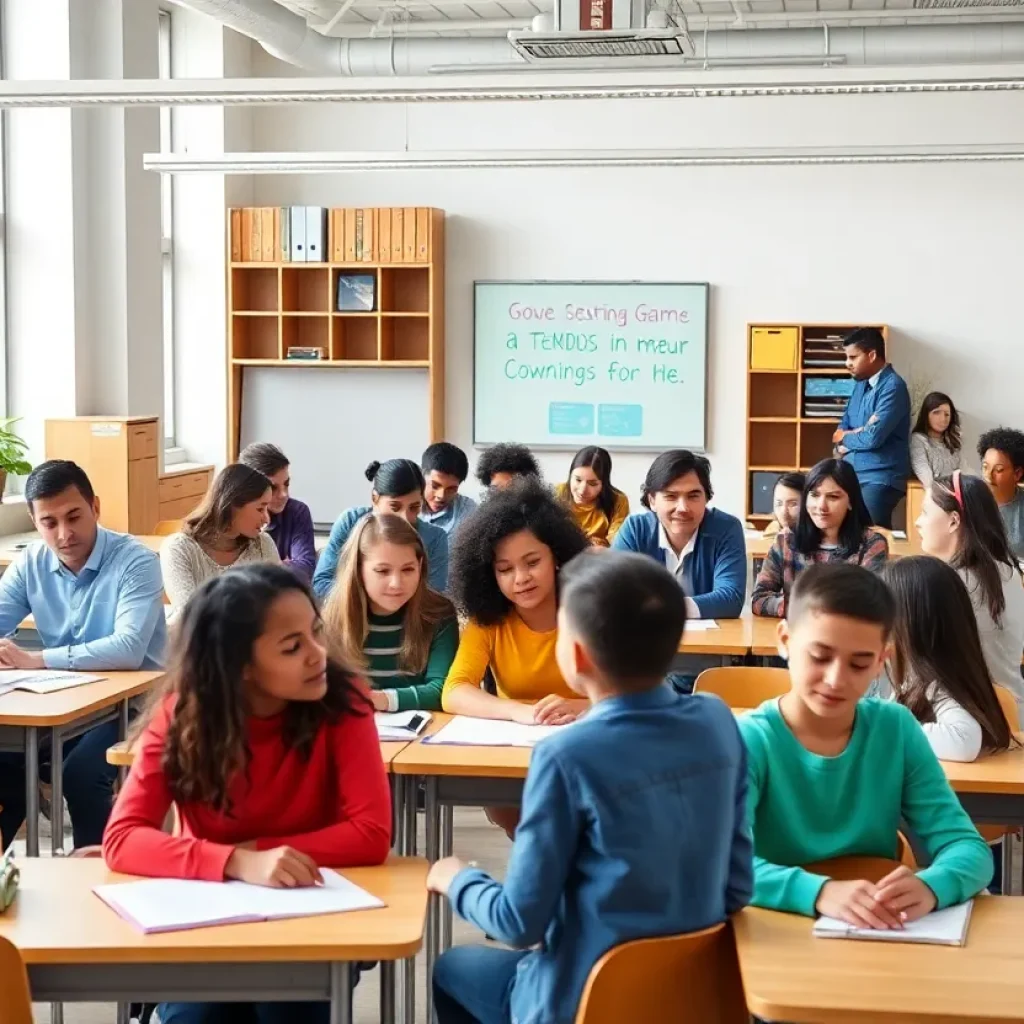 Diverse students and teachers collaborating in a classroom setting.