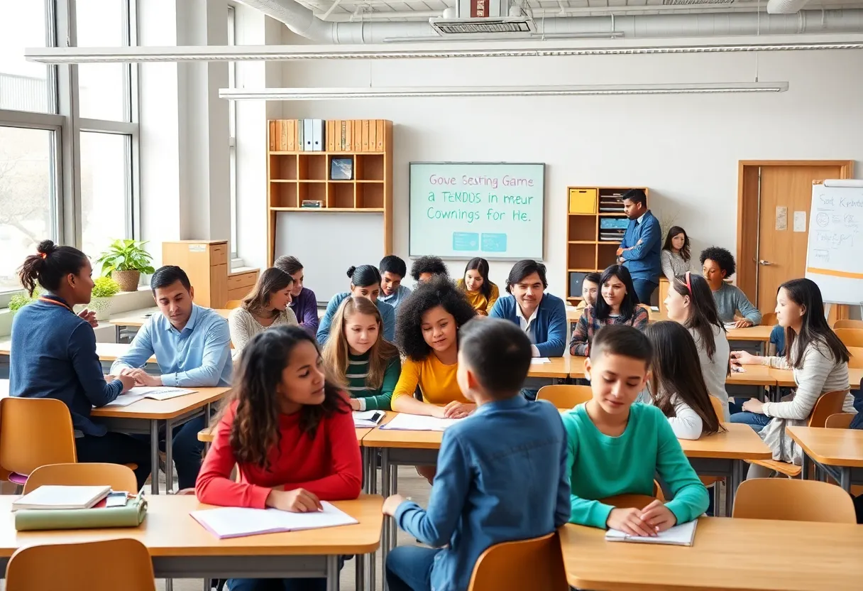 Diverse students and teachers collaborating in a classroom setting.