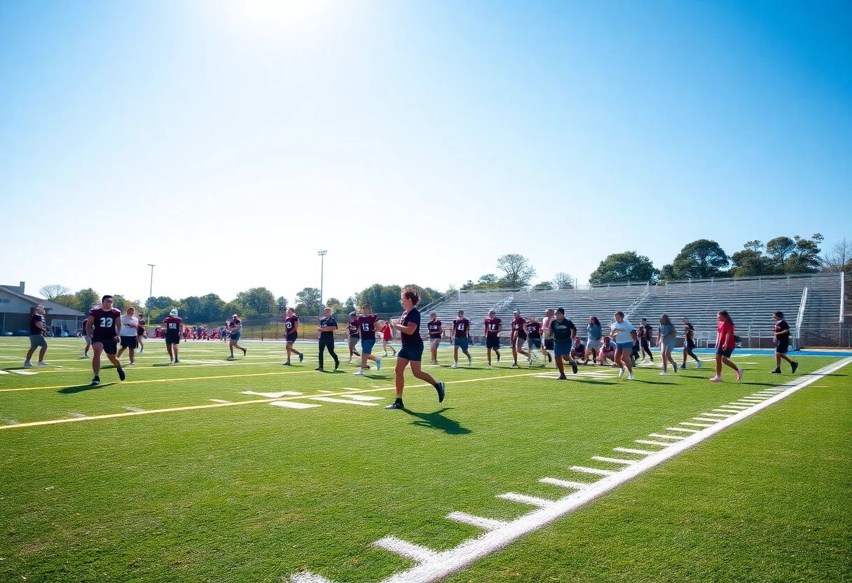 Collins High School football team practicing on the field
