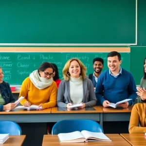 Adults engaged in learning at a community college classroom