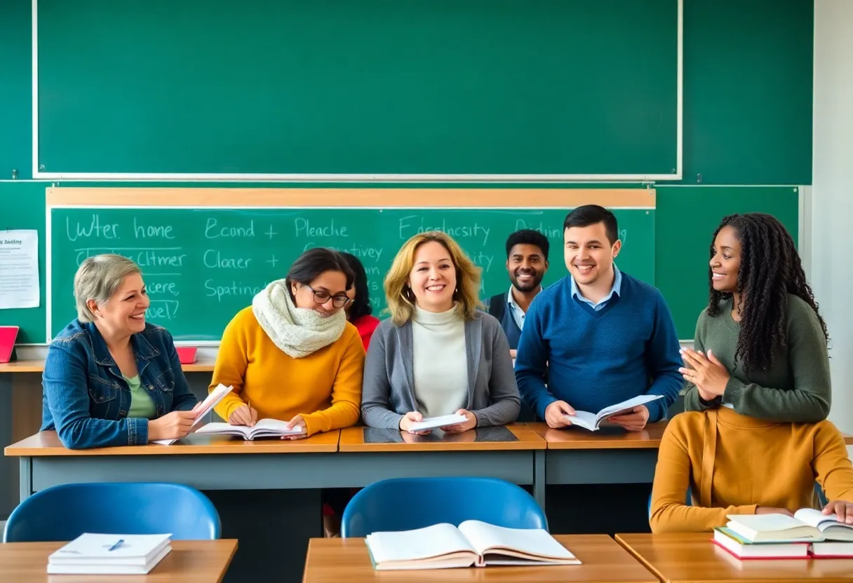 Adults engaged in learning at a community college classroom