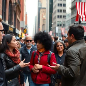 People engaged in discussion about local politics in New York City