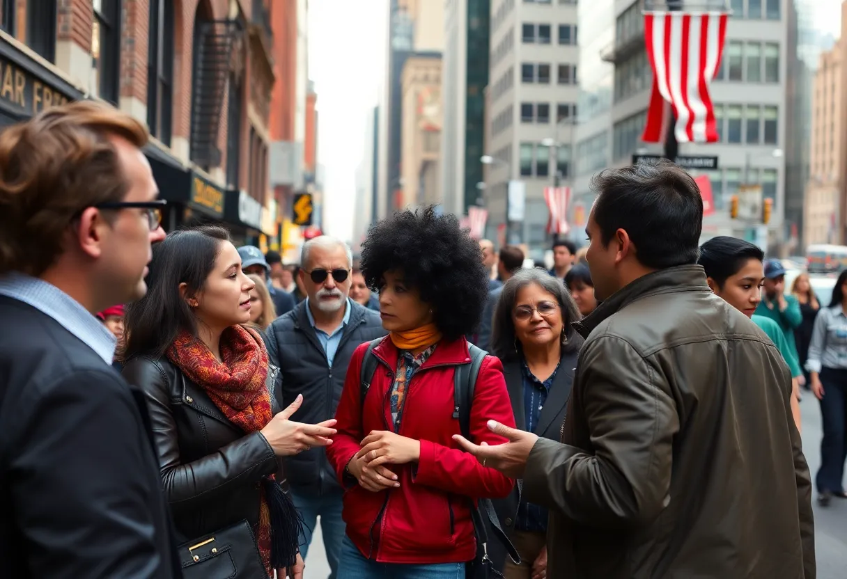 People engaged in discussion about local politics in New York City