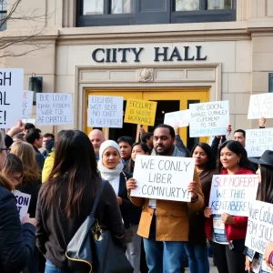 Diverse individuals discussing politics outside city hall