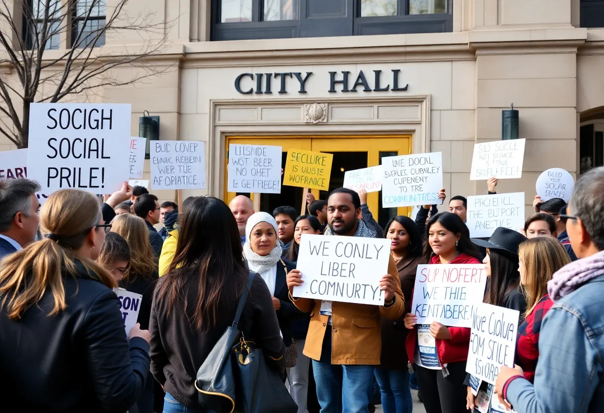 Diverse individuals discussing politics outside city hall