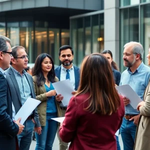 Group discussing political issues in an urban environment