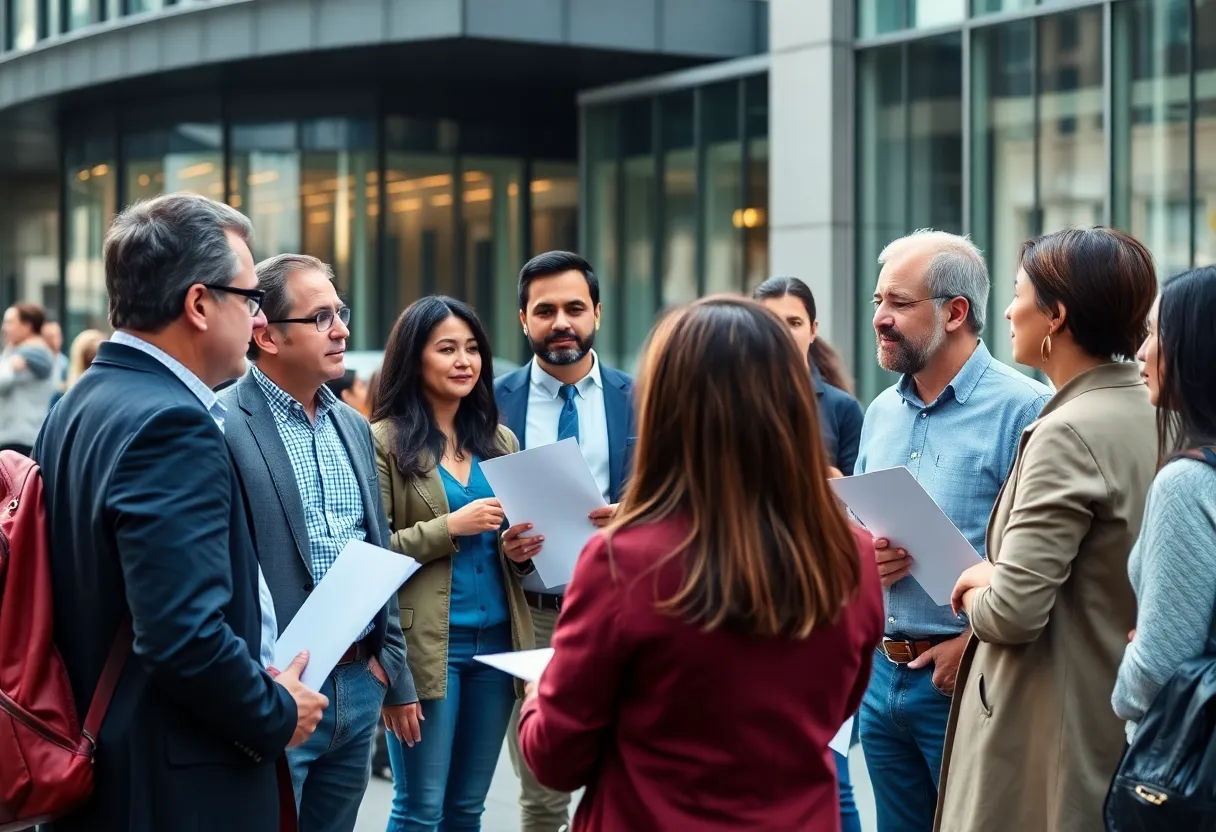 Group discussing political issues in an urban environment