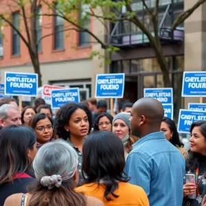Diverse New Yorkers discussing politics at a community event