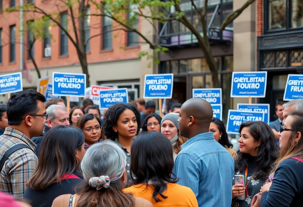 Diverse New Yorkers discussing politics at a community event