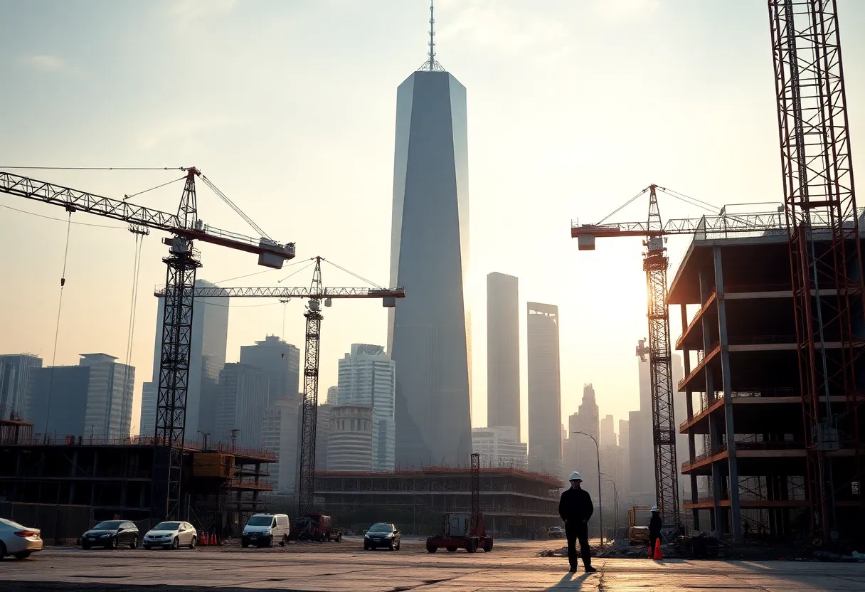 Active construction site with cranes and workers against a city skyline