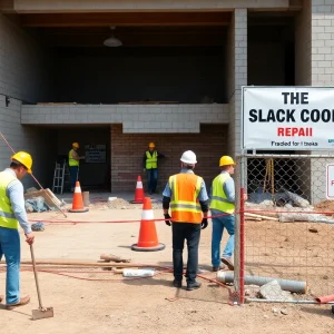 Workers at a construction site for public school repairs amidst investigations