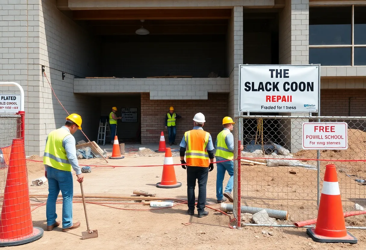 Workers at a construction site for public school repairs amidst investigations