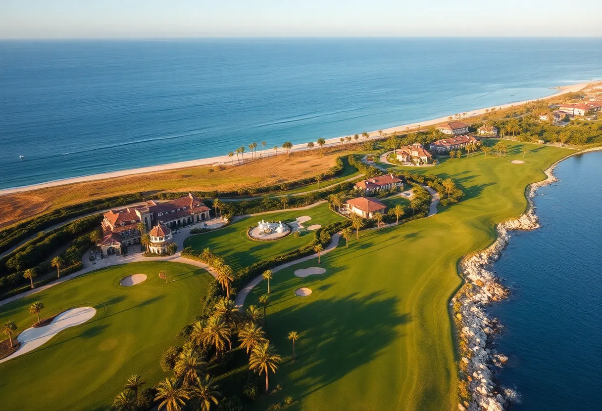 Aerial view of Costa Navarino Golf Resort showcasing golf courses and coastal landscape.