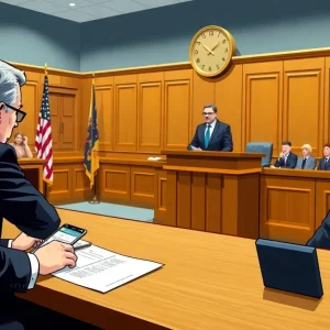 A courtroom with legal representatives debating consumer data pricing laws.