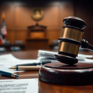 A courtroom scene with gavel and legal documents