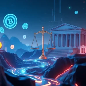 Illustration of cryptocurrency regulation concepts with justice scales and digital currency symbols.