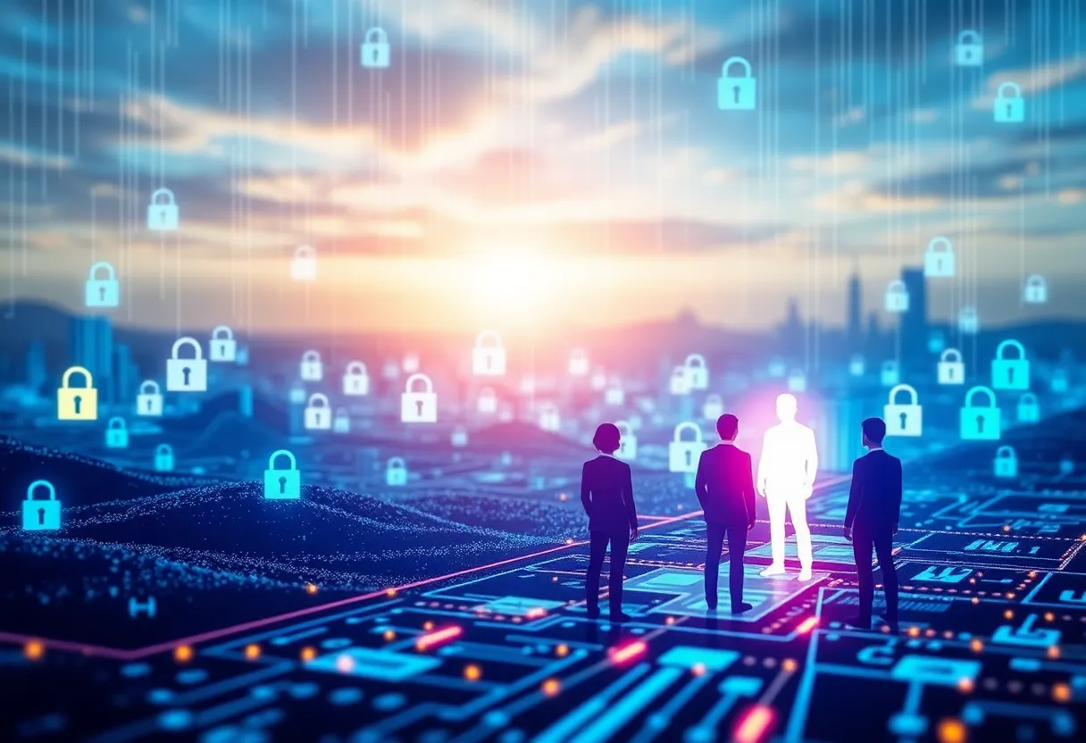 A visual representation of cybersecurity concerns and collaboration efforts.