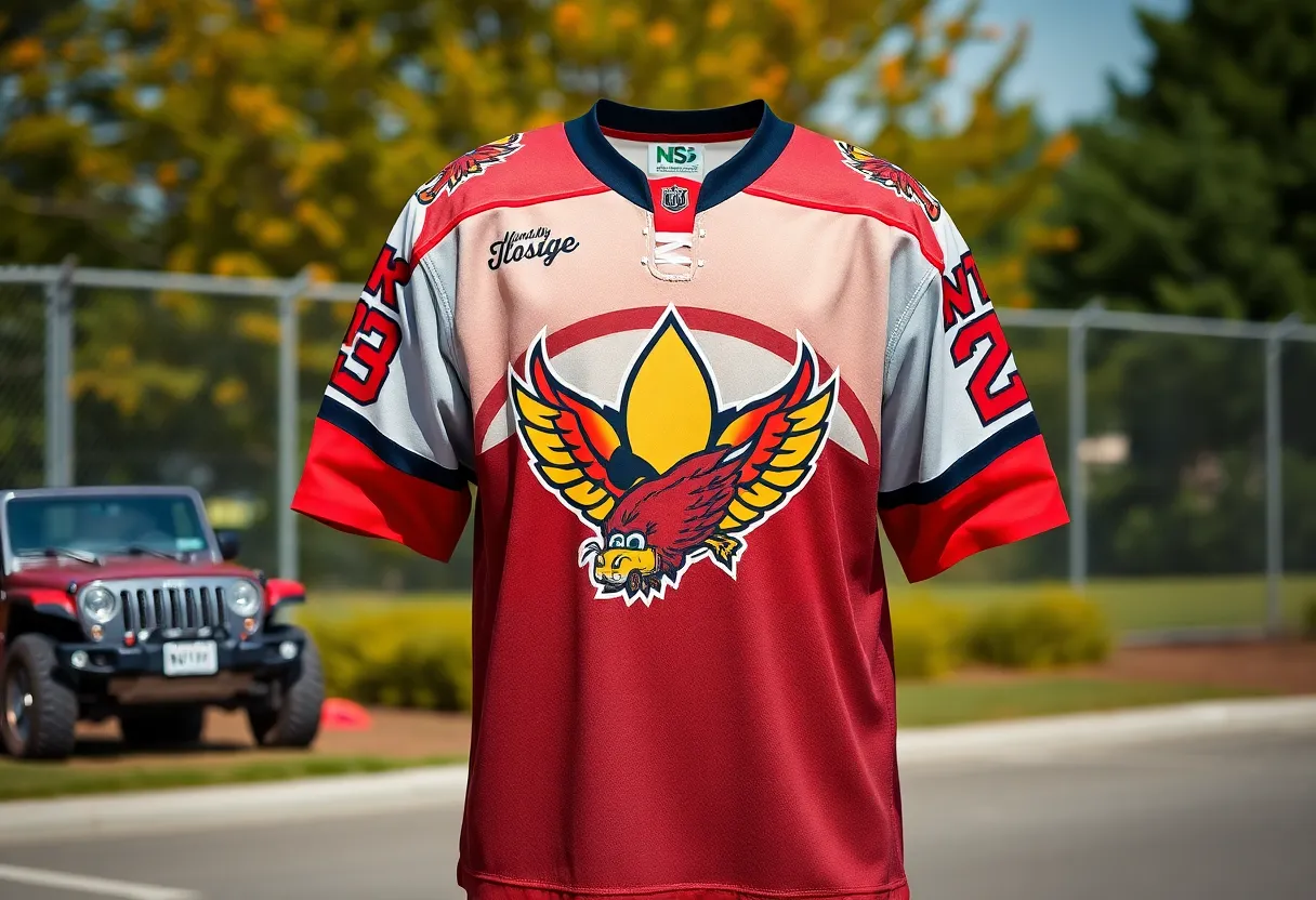 Newly designed Detroit Red Wings jerseys displayed outdoors