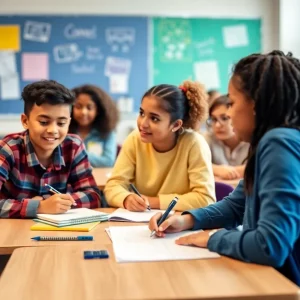 Students collaborating in a diverse classroom setting