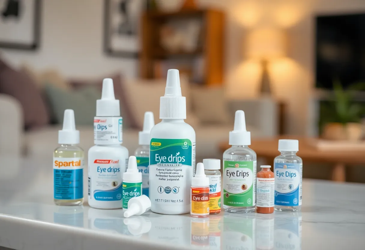 Variety of dry eye relief eye drops on a countertop