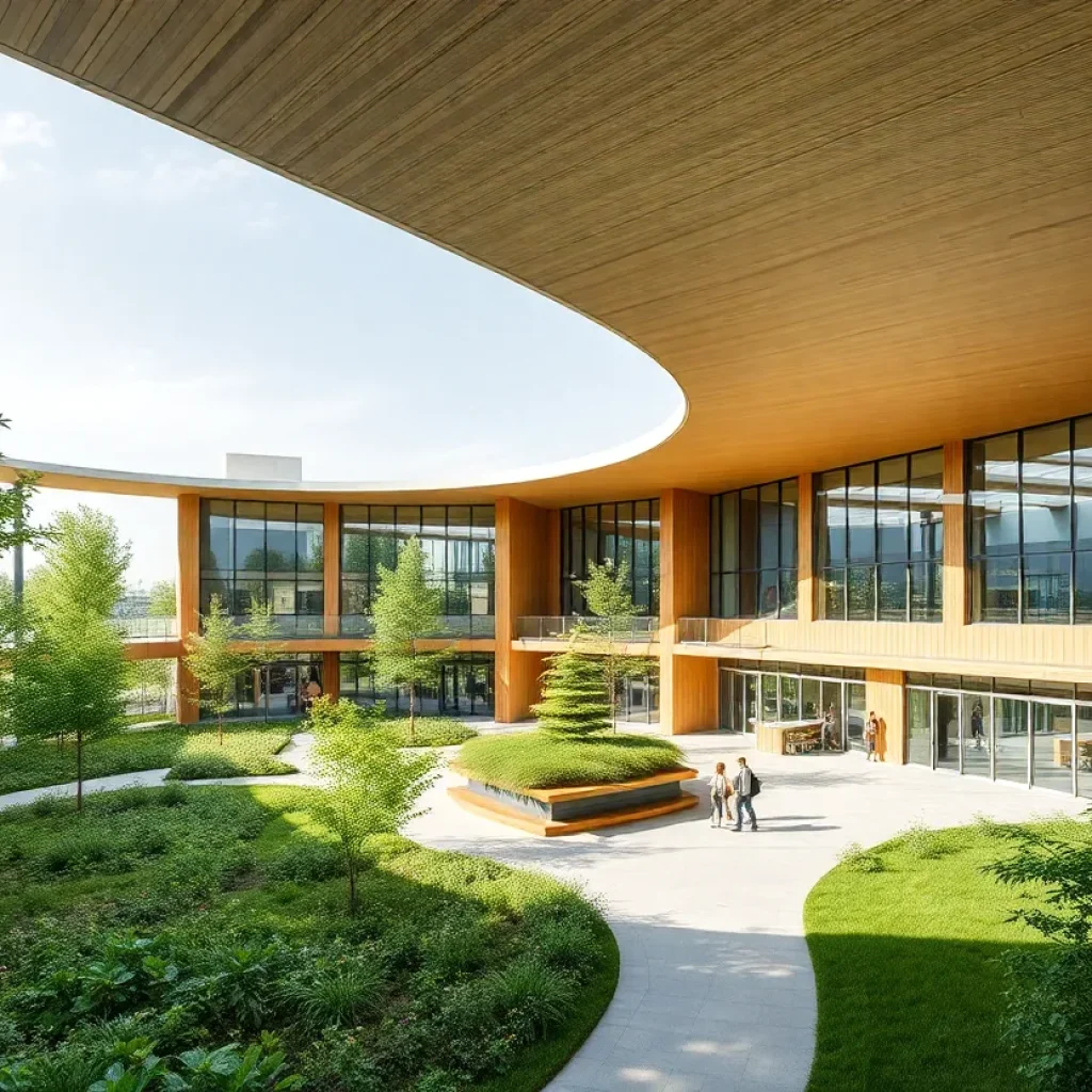 Architectural rendering of a sustainable school building