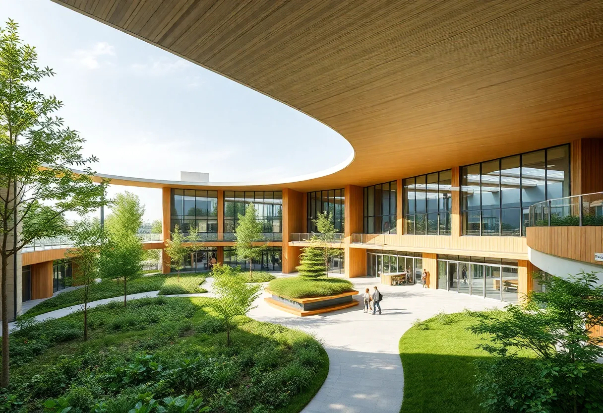 Architectural rendering of a sustainable school building