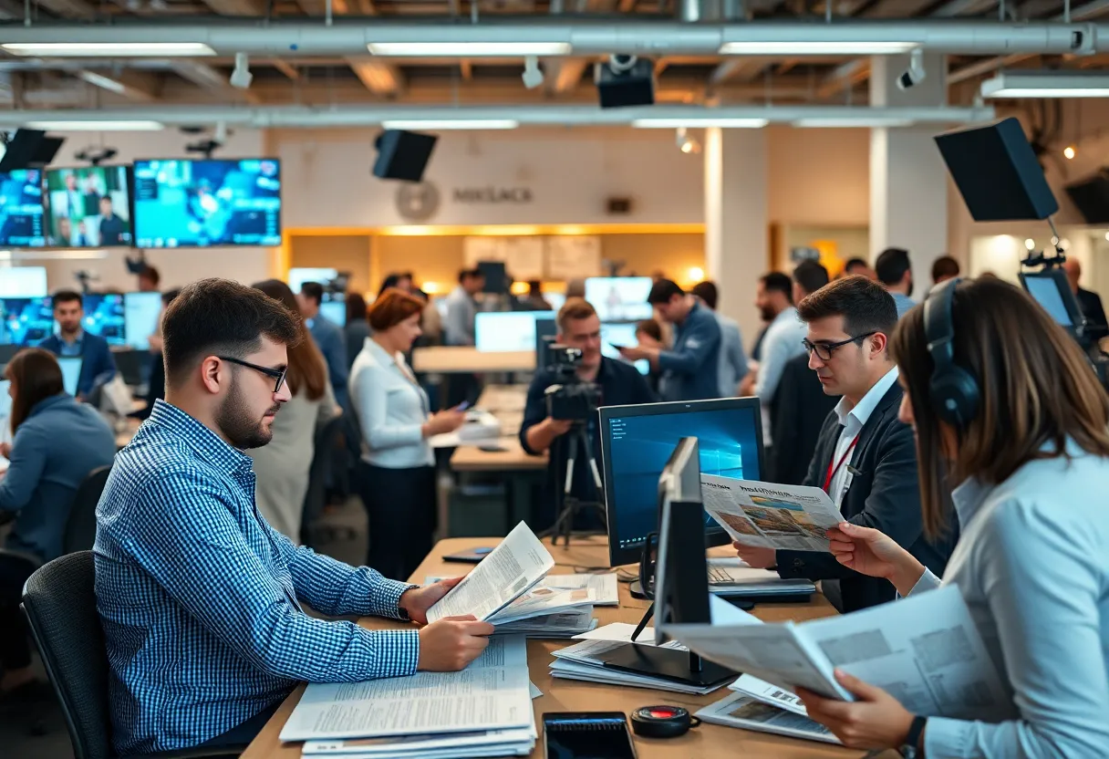 Newsroom environment with journalists working on media news