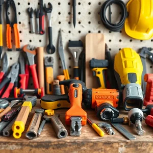 A variety of tools for DIY home building including measuring tools, saws, and safety gear.