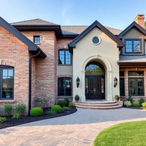 A stylish home in New York with a mix of exterior finishes like brick and stucco, enhancing its curb appeal.
