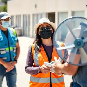 Small business owner distributing cooling equipment to employees