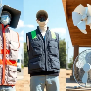 Variety of protective gear for extreme heat conditions including fans and cooling vests.