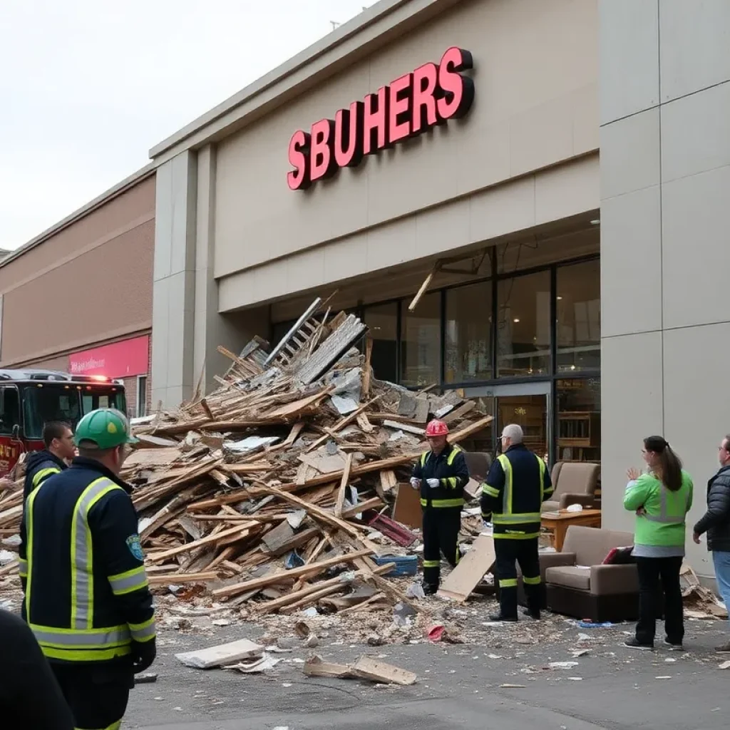 Facade collapse at a furniture store in Queens with emergency responders present.