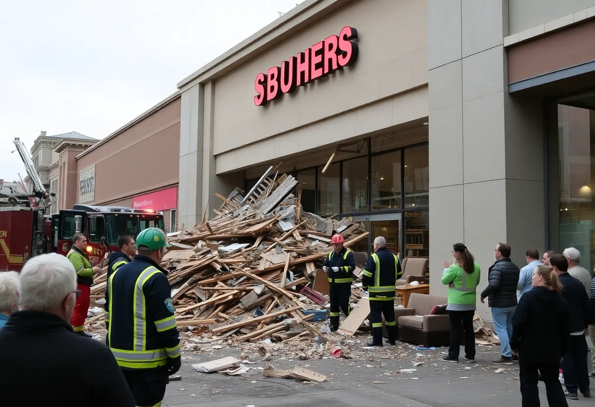 Facade collapse at a furniture store in Queens with emergency responders present.