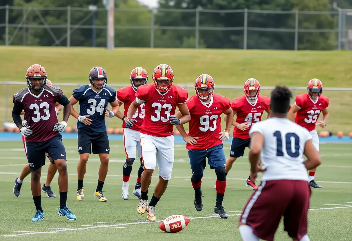 Group of diverse football players focusing on team training and strategy