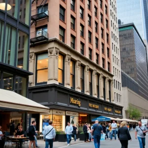 Vibrant street scene in Financial District NYC with dining and shopping.