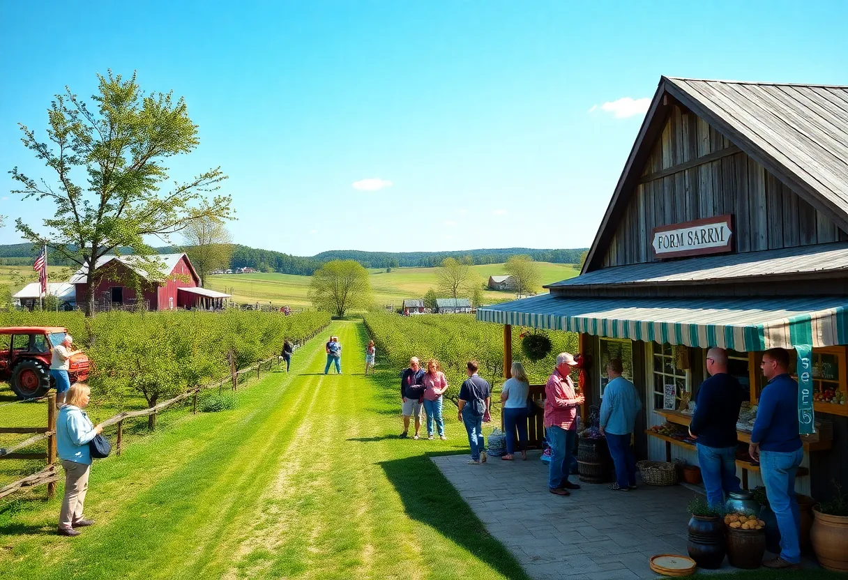 Lovely farm scene in the Finger Lakes with tourists enjoying agritourism activities