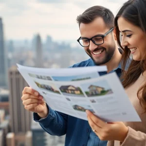 First-time homebuyer looking at a property listing with New York skyline