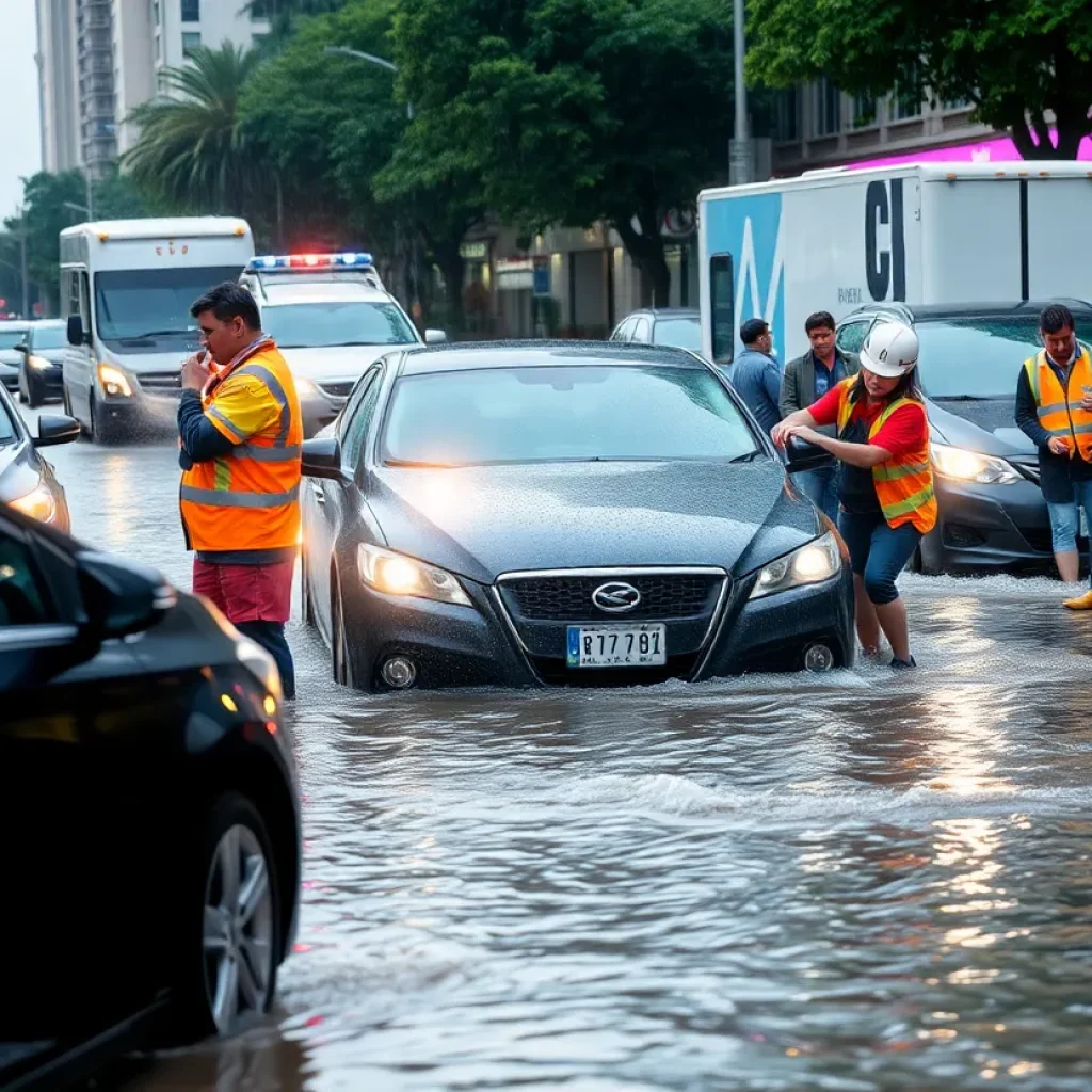 Heavy floodwaters on a city street affecting vehicles and residents