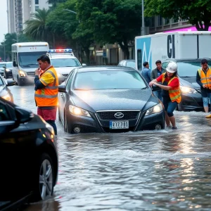 Heavy floodwaters on a city street affecting vehicles and residents