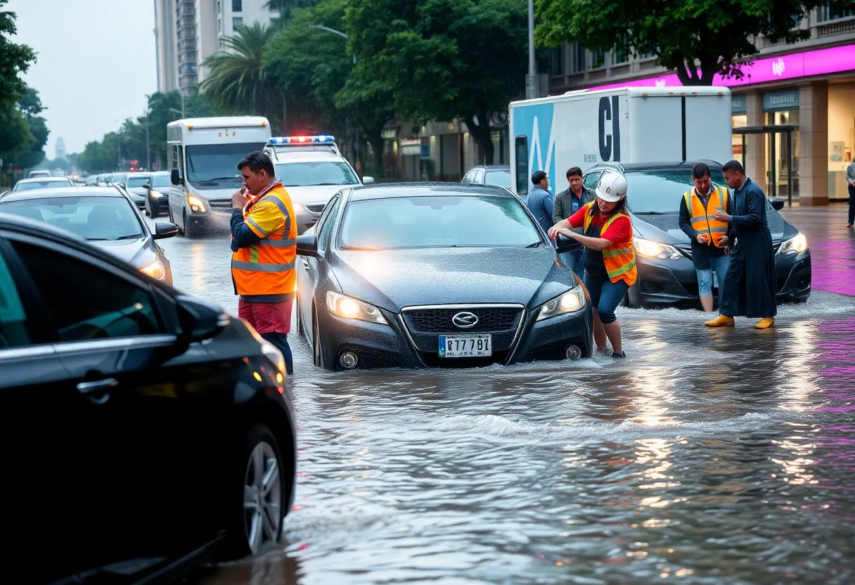 Heavy floodwaters on a city street affecting vehicles and residents