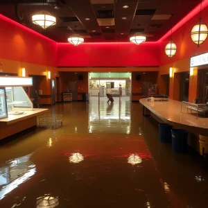 Flooded lobby of AMC Lincoln Square theater