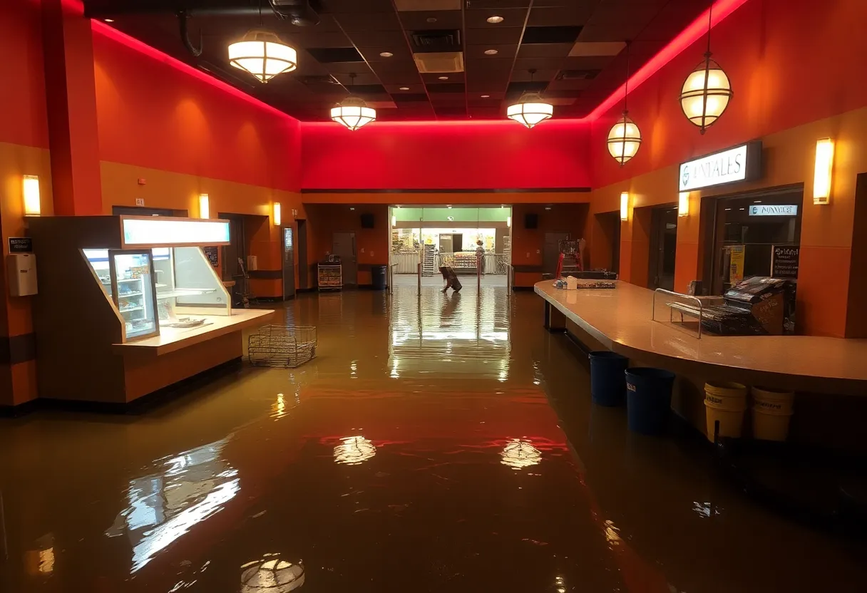 Flooded lobby of AMC Lincoln Square theater