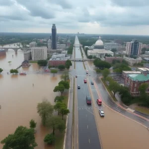 Aerial view of flooded streets and vehicles in New York and New Jersey