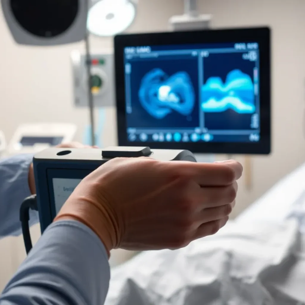 Medical staff using FloPatch device to monitor patient in ICU