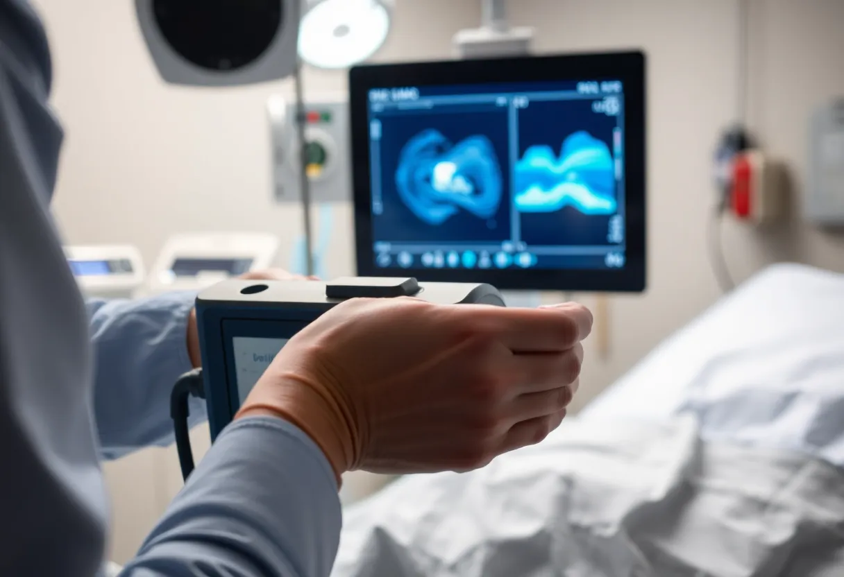 Medical staff using FloPatch device to monitor patient in ICU