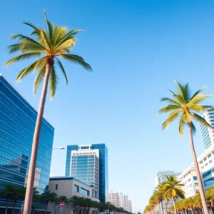 A lively business district in Florida with office buildings and greenery
